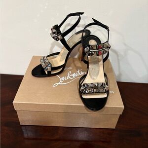 Christian Louboutin Galerietta Black Studded Sandals 4” Heels Size 39 1/2